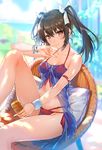  \m/ armband bangs beach bikini blurry blush bow bracelet breasts brown_hair chair cleavage closed_mouth collarbone commentary_request day depth_of_field eyebrows_visible_through_hair front-tie_bikini front-tie_top hair_between_eyes hair_bow halterneck hand_to_own_mouth highres holding jewelry kantai_collection knee_up leg_up light_smile long_hair looking_at_viewer lotion medium_breasts multi-strapped_bikini outdoors pillow pinky_out red_bikini see-through side-tie_bikini sidelocks sitting small_breasts smile solo sunscreen swimsuit thighs tousaki_umiko tsurime white_bow wristband yellow_eyes zuikaku_(kantai_collection) 