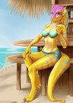  4_toes 5_fingers anthro barefoot beach bikini breasts clothed clothing day detailed_background digitigrade dragon female fur furred_dragon green_eyes hair midriff navel outside purple_hair seaside silvermoonfox solo swimsuit toes yellow_fur 