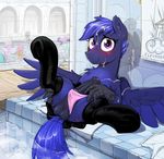  2017 absurd_res animal_genitalia animal_penis balls blue_feathers blue_hair blush clothed clothing cum cum_on_face cum_on_self cutie_mark equine_penis fan_character feathered_wings feathers girly hair hi_res legwear looking_at_viewer male my_little_pony penis selenophile skirt smile spread_legs spreading underwear water wings 
