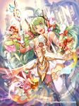  :d bad_id bad_pixiv_id blue_eyes bow breasts castle cleavage cymbals dragon_tactics drum drumsticks eighth_note fairy garter_straps gloves green_hair hair_bow horn instrument koto-yori long_hair medium_breasts multiple_girls musical_note navel official_art open_mouth outdoors smile standing thighhighs wand watermark white_gloves white_legwear zettai_ryouiki 