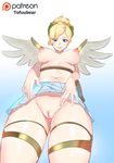  1girl alternate_costume areolae artist_name blonde_hair blue_eyes breasts clitoris eyebrows_visible_through_hair hair_bun hair_over_one_eye mercy_(overwatch) navel nipples no_panties overwatch parted_lips patreon pussy rope simple_background skirt solo tofuubear topless upskirt wings 