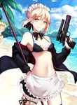  1girl apron artoria_pendragon_(all) artoria_pendragon_(swimsuit_rider_alter) bangs beach bikini black_bikini black_bow black_jacket black_neckwear black_ribbon blonde_hair blue_sky bow bowtie breasts cloud commentary_request cowboy_shot day detached_collar fate/grand_order fate_(series) gilgamesh gun hair_ribbon handgun highres holding holding_gun holding_weapon jacket laser_sight looking_at_viewer m1911 maid_headdress mop navel off_shoulder open_clothes open_jacket outdoors parted_lips pistol ribbon shiguru short_hair sky small_breasts stomach sunlight swimsuit waist_apron weapon yellow_eyes 