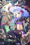  age_of_ishtaria black_hat black_legwear blush company_name eyebrows_visible_through_hair fangs green_eyes hat holding holding_staff long_hair looking_at_viewer navel parted_lips shoonia silver_hair smile solo staff teeth thighhighs torn_clothes torn_legwear witch_hat 