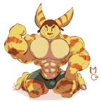  2017 abs anthro aviator_cap biceps big_muscles bulge clothed clothing feet flexing fur green_eyes hat kneeling lombax looking_at_viewer male mega-glitch muscular partially_clothed pecs ratchet ratchet_and_clank shorts simple_background smile solo stripes teeth topless video_games yellow_fur 