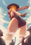 1girl 2017 3boys :3 ass blue_sky breasts chainsaw closed_mouth cloud dated day fate/grand_order fate_(series) female from_below giantess gloves hat holding multiple_boys no_bra outdoors paul_bunyan_(fate/grand_order) profile size_difference sky small_breasts solo standing straw_hat suspenders white_gloves yellow_eyes 