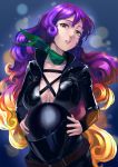  1girl belt biker_clothes bikesuit blonde_hair blue_background breasts brown_belt cleavage cowboy_shot curly_hair gradient_hair green_scarf hair_between_eyes head_tilt helmet highres hijiri_byakuren holding holding_helmet large_breasts lips long_hair long_sleeves looking_at_viewer multicolored_hair purple_hair scarf shiny shiny_clothes simple_background solo standing tareme touhou turbo_byakuren very_long_hair yasaidon yellow_eyes 