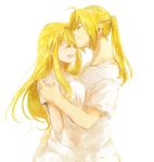  1girl ahoge blonde_hair blush closed_eyes couple earrings edward_elric eyebrows_visible_through_hair forehead_kiss fullmetal_alchemist hand_on_another's_hip hands_together happy hetero jewelry kiss long_hair open_mouth ponytail shirt simple_background smile tsukuda0310 white_background white_shirt winry_rockbell 