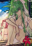  ass bangs bikini blue_eyes breasts brown_eyes c.c. cleavage code_geass creayus food green_hair head_tilt kallen_stadtfeld knee_to_chest long_hair looking_at_viewer medium_breasts multiple_girls pink_bikini popsicle red_hair sitting sketch smile swimsuit white_bikini 