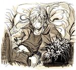  alphonse_elric androgynous black_shirt conqueror_of_shambala eyebrows_visible_through_hair flower frown fullmetal_alchemist greyscale hair_over_one_eye jacket kiwakiwa long_hair looking_away lowres male_focus monochrome navel open_pants pants pillow shirt solo 