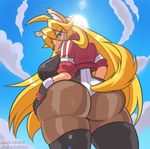  anthro big_butt blonde_hair blue_eyes blue_sky breasts butt butt_pose canine clothed clothing cloud day digital_media_(artwork) female fox hair hand_on_butt hi_res jacket legwear long_hair looking_at_viewer looking_back loulouvz low-angle_view mammal meribeth outside raised_tail rear_view sky smile solo standing sun teeth thigh_highs 