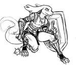  4_toes anthro bangaa black_and_white claws clothed clothing crouching final_fantasy guoh holding_object holding_weapon jewelry mace male melee_weapon monochrome necklace scar shield simple_background sketch slit_pupils solo square_enix toe_claws toes topless video_games warrior weapon white_background 