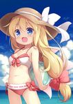  arms_behind_back baku-p ball beachball bikini blonde_hair blue_eyes cloud day fairy_wings hat lily_white long_hair low_ponytail mismatched_bikini navel ocean open_mouth pink_bikini_bottom sky smile solo sun_hat swimsuit touhou water white_bikini_top wings 