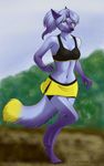  4_toes anthro barefoot black_nose breasts canine clothed clothing digitigrade female fur hair mammal midriff navel purple_fur purple_hair silvermoonfox standing toes yellow_eyes 