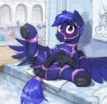  2017 absurd_res animal_genitalia animal_penis balls blue_feathers blue_hair blush cutie_mark equine_penis fan_character feathered_wings feathers hair hi_res hooves looking_at_viewer male my_little_pony penis selenophile smile spread_legs spreading underhoof water wings 