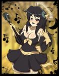  1boy 1girl alice_(bendy_and_the_ink_machine) angel bendy bendy_and_the_ink_machine black_eyes black_hair breasts collarbone gloves halo horns large_breasts long_hair looking_at_viewer microphone moon musical_note note smile star 