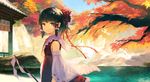  autumn_leaves black_hair bow closed_mouth commentary_request day detached_sleeves gohei hair_bow hair_ribbon hakurei_reimu kitsune_(kazenouta) looking_at_viewer outdoors red_bow red_eyes red_ribbon red_skirt ribbon ribbon-trimmed_sleeves ribbon_trim sarashi shide side_ponytail skirt skirt_set smile solo touhou vest water 