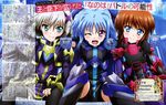  ;d absurdres arm_over_shoulder black_hair black_legwear black_wings blue_eyes blue_hair blush bodysuit brown_hair cropped_jacket fang fingerless_gloves gloves hair_ornament highres hug jacket juliet_sleeves kiso_yuuta long_hair long_skirt long_sleeves looking_at_viewer lyrical_nanoha magazine_request magical_girl mahou_shoujo_lyrical_nanoha mahou_shoujo_lyrical_nanoha_the_movie_3rd:_reflection material-d material-l material-s multicolored_hair multiple_girls multiple_wings one_eye_closed open_clothes open_jacket open_mouth puffy_sleeves purple_eyes shiny shiny_hair short_hair sidelocks silver_hair sitting skirt smile thighhighs translation_request twintails two-tone_hair waist_cape wings x_hair_ornament 