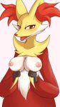  anthro aoinu areola big_ears breasts canine close-up delphox ear_fur female fur looking_at_viewer mammal nintendo nipples nude open_mouth pok&eacute;mon red_eyes sharp_teeth smile solo standing teeth tongue tongue_out video_games 