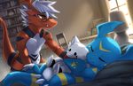  2017 bedroom claws detailed_background digimon dragon duo eyewear fan_character giramon glasses guilmon hair hi_res hybrid kinniro lizard male plushie reptile romantic_couple scalie silver_hair smile sol_(character) sol_the_guilmon sven_(character) sven_the_giramon toe_claws vee4eva veemon vmon yellow_eyes 