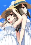  arms_behind_back back-to-back bangs brown_eyes brown_hair closed_mouth cloud cloudy_sky day dress girls_und_panzer hands_on_headwear hat hikyakuashibi light_brown_hair long_hair looking_at_another looking_back mika_(girls_und_panzer) multiple_girls open_mouth outdoors shimada_arisu sky smile standing straw_hat sun_hat sundress upper_body white_dress 
