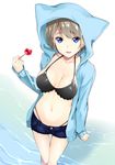  blue_eyes blush breasts brown_hair candy cleavage collarbone denim denim_shorts eyebrows_visible_through_hair food hood hood_up hoodie large_breasts lollipop looking_at_viewer navel original parted_lips short_hair shorts smile solo swimsuit yukino_(yukinosora1126) 