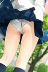  ass blurry depth_of_field dutch_angle from_behind highres lower_body matsunaga_kouyou original out_of_frame panties pantyshot pantyshot_(standing) plaid plaid_panties plaid_skirt school_uniform skirt solo standing underwear wind wind_lift 