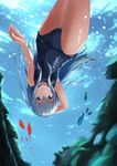  akabane_hibame blue_eyes blue_swimsuit fish freediving hibiki_(kantai_collection) kantai_collection long_hair looking_at_viewer silver_hair smile solo swimsuit underwater upside-down 