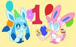  2015 birthday birthday_cake blue_eyes bow_tie cake cute digital_media_(artwork) dipstick_tail duo eeveelution feral food glaceon hi_res looking_at_viewer markings multicolored_tail nintendo pok&eacute;mon robosylveon simple_background smile socks_(marking) sylveon toony video_games 