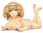  alternate_costume bad_id bad_pixiv_id barefoot bikini breasts cleavage commentary_request feet hairband i-26_(kantai_collection) jpeg_artifacts kantai_collection large_breasts light_brown_eyes light_brown_hair long_hair looking_at_viewer lying on_stomach open_mouth smile soles solo soushou_nin swimsuit the_pose toes two_side_up 