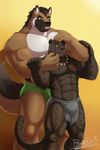  2017 5_fingers abs absurd_res anthro biceps big_muscles biped black_claws black_fur black_nipples black_nose black_panther black_spots black_tail blitzer brown_eyes brown_fur brown_hair brown_tail bruno-dz bulge canine claws clothed clothing digital_media_(artwork) dog duo eyebrows fangs feline front_view fur german_shepherd gradient_background green_bottomwear green_clothing grey_bottomwear grey_clothing hair hi_res jaguar jewelry kanu larger_anthro larger_male loincloth male mammal multicolored_fur multicolored_tail muscular muscular_male necklace nipples one_eye_closed orange_eyes panther pecs pink_tongue quads raised_eyebrow scratching signature simple_background size_difference smaller_anthro smaller_male smile snout speedo spots spotted_fur spotted_tail standing swimsuit tattoo tongue tongue_out two_tone_tail whiskers white_fur 