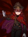  absurdres aiguillette belt brown_hair cape family_crest fate/grand_order fate_(series) gloves grin hat highres koha-ace long_hair looking_at_viewer makise_medaka military military_uniform oda_nobunaga_(fate) oda_uri open_mouth peaked_cap red_eyes smile solo uniform 