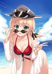  beach bikini blonde_hair breasts cloud cloudy_sky collarbone day green_eyes hat kantai_collection long_hair long_sleeves low_twintails medium_breasts ocean outdoors peaked_cap prinz_eugen_(kantai_collection) sky solo sunglasses swimsuit tongue tongue_out twintails v yaguo 