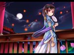  black_hair blush calligraphy_brush_(medium) closed_mouth fan fenyuat highres holding holding_fan looking_at_viewer mid-autumn_festival original pink_eyes railing short_hair short_sleeves smile solo 