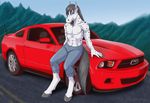  5_fingers anthro blue_eyes car clothed clothing day detailed_background equine grey_hair grey_hooves hair hooves horse male mammal nipples outside silvermoonfox topless vehicle 
