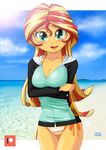  1girl beach bikini blonde_hair breasts cleavage cyan_eyes hoodie long_hair medium_breasts multicolored_hair my_little_pony my_little_pony_equestria_girls my_little_pony_friendship_is_magic red_hair side-tie_bikini solo sunset_shimmer swimsuit swimsuit_under_clothes two-tone_hair uotapo yellow_skin 