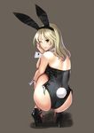  animal_ears ass bare_legs bare_shoulders black_footwear black_leotard blonde_hair brown_eyes bunny_ears bunny_girl bunny_tail bunnysuit detached_collar from_behind high_heels katahira_masashi leotard long_hair looking_at_viewer looking_back one_eye_closed original shoes side-tie_leotard smile solo squatting tail wrist_cuffs 