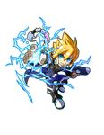  azure_striker_gunvolt blonde_hair blue_eyes boots braid chibi electricity gun gunvolt highres long_coat long_hair male_focus midriff mighty_gunvolt mighty_gunvolt_burst natsume_yuji official_art parted_lips simple_background single_braid solo weapon white_background 