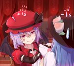  alternate_color anger_vein bandaid bandaid_on_nose bat_wings black_gloves black_hat blue_hair brooch clothes_grab commentary_request curtains dress elbow_gloves gloves grabbing hat hinanawi_tenshi jewelry kuroda_kuwa lavender_hair long_hair mob_cap multiple_girls player_2 pointy_ears puffy_short_sleeves puffy_sleeves purple_hair red_eyes red_hat remilia_scarlet short_hair short_sleeves slit_pupils smile sweatdrop torn_clothes torn_gloves touhou wings 