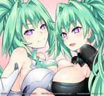  blush bodysuit breast_press breasts choujigen_game_neptune cleavage closed_mouth dual_persona gloves green_hair green_heart kami_jigen_game_neptune_v large_breasts long_hair looking_at_viewer multiple_girls neptune_(series) open_mouth pink_background ponytail pov power_symbol purple_eyes sereneandsilent shiny shiny_hair shiny_skin solo_focus symbol-shaped_pupils symmetrical_docking tied_hair upper_body very_long_hair 