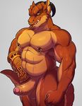 2017 abs anthro balls belly biceps ear_piercing erection facial_piercing hi_res humanoid_penis knuxlight looking_at_viewer male manly musclegut muscular muscular_male nipple_piercing nipples nose_piercing nude pecs penis piercing reptile scalie scar simple_background slightly_chubby smile solo standing thick_penis 