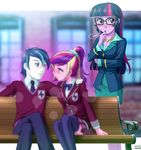  1boy 2girls age_difference bench blonde_hair blue_eyes blue_hair blush glasses hair_tie incipient_kiss long_hair multicolored_hair multiple_girls my_little_pony my_little_pony_equestria_girls my_little_pony_friendship_is_magic necklace older personification pink_hair pink_skin ponytail princess_mi_amore_cadenza purple_eyes purple_hair school_uniform shining_armor skirt thighhighs twilight_sparkle two-tone_hair uotapo white_skin younger 