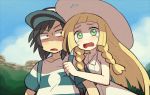  1boy 1girl bangs bare_shoulders baseball_cap black_eyes black_hair blonde_hair blue_hat blue_shirt blue_sky blush braid cloud collarbone constricted_pupils creatures_(company) day dress flat_chest game_freak green_eyes hand_up hat lillie_(pokemon) long_hair looking_at_another looking_to_the_side nintendo open_mouth outdoors pokemon pokemon_(game) pokemon_sm scared shirt shiwo_(siwosi) short_hair short_sleeves sky sleeveless sleeveless_dress striped striped_shirt sun_hat sweat tied_hair twin_braids upper_body white_dress white_hat years you_(pokemon) 