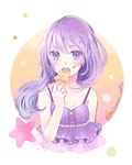  bangs bare_arms bare_shoulders blue_eyes blue_hair blush breasts cleavage commentary_request cookie dress eyebrows_visible_through_hair food holding holding_food long_hair looking_at_viewer medium_breasts millcutto open_mouth original purple_dress solo star twitter_username 