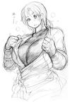  breasts curvy fanning_self greyscale highres hot hunter_rank_e jacket large_breasts monochrome original short_hair sketch solo steam sweat translated 