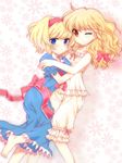  ;( alice_margatroid alternate_costume bare_arms bare_shoulders blonde_hair bloomers blue_dress blue_eyes blush bow braid breasts camisole collarbone commentary_request dress hair_bow hairband hug kirisame_marisa lolita_hairband long_hair looking_at_viewer masuyama_kei multiple_girls orange_eyes puffy_short_sleeves puffy_sleeves red_bow short_sleeves side_braid small_breasts touhou underwear wavy_hair yuri 