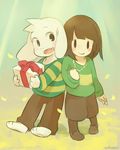  2017 ambiguous_gender anthro asriel_dreemurr blush boss_monster caprine chara_(undertale) claws clothing duo flower fur gift goat jewelry kemono long_ears male mammal plant simple_background teeth undertale video_games white_fur 