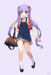  bag black_footwear blush commentary full_body hair_ribbon handbag highres jehyun long_hair looking_at_viewer new_game! open_mouth purple_background purple_eyes purple_hair ribbon shoes simple_background smile socks solo suzukaze_aoba thighs twintails very_long_hair white_legwear 