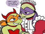  2017 anthro bandanna blue_eyes blush choker clothed clothing crossdressing dialogue donatello_(tmnt) duo english_text eye_contact fake_horns freckles frilly_hairband hairband hand_holding headdress inkyfrog maid_uniform male mask michelangelo_(tmnt) red_eyes reptile scalie shell simple_background smile teenage_mutant_ninja_turtles text tooth_gap turtle uniform white_background 