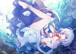  ahoge air_bubble anklet bangs barefoot blue_dress blue_eyes blue_hair blush breasts bubble commentary_request dress holding holding_ribbon jewelry looking_at_viewer medium_breasts millcutto navel open_clothes open_dress original red_ribbon ribbon short_hair_with_long_locks solo submerged underwater upside-down 