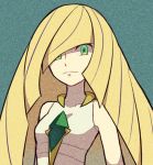  1girl bare_shoulders blonde_hair blue_background breasts closed_mouth covered_collarbone creatures_(company) crystal dress female game_freak green_eyes hair_over_one_eye long_hair looking_at_viewer lusamine_(pokemon) nintendo pokemon pokemon_(game) pokemon_sm shiwo_(siwosi) simple_background sleeveless sleeveless_dress small_breasts solo upper_body 